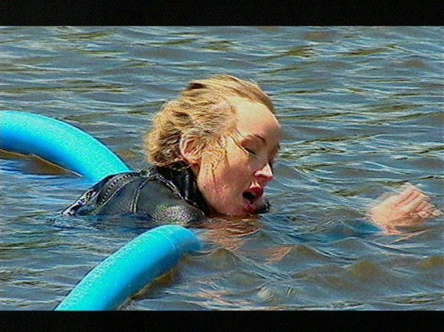 TV Programme ' I'M A CELEBRITY ' Get Me Out Of Here Picture shows : KImberley Davies makes a jump on her BushTucker Trial called Hell-O-Drop, that goes wrong and sees her hospitalised with a shoulder injury .