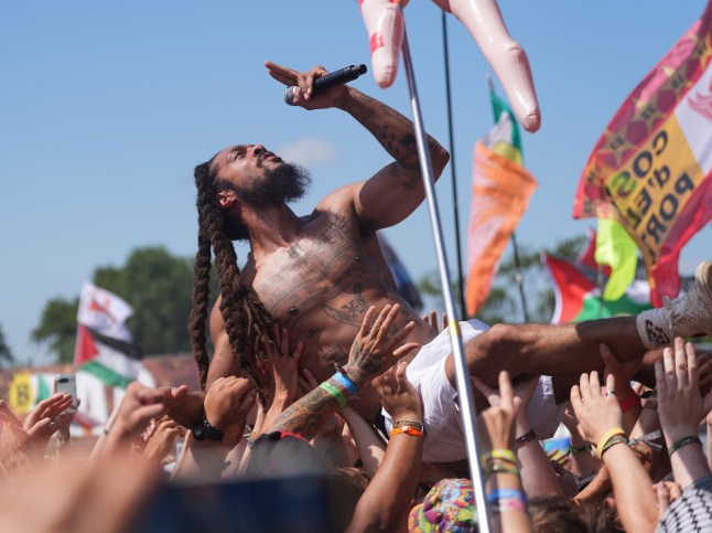 Bob Vylan performing on the West Holts Stage, during the Glastonbury Festival at Worthy Farm in Somerset. Picture date: Saturday June 28, 2025. PA Photo. Photo credit should read: Yui Mok/PA Wire
