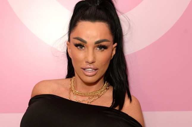 Katie Price at a red carpet event looking at the camera wearing a black off-shoulder top