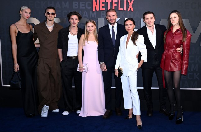 Mandatory Credit: Photo by Anthony Harvey/Shutterstock (14135244db) Mia Regan, Romeo Beckham, Cruz Beckham, Harper Beckham, David Beckham, Victoria Beckham, Brooklyn Beckham and Nicola Peltz Beckham 'Beckham' TV show premiere, Curzon Mayfair, London, UK - 03 Oct 2023