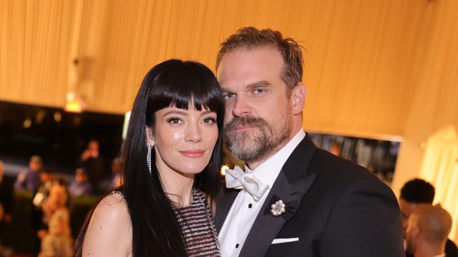 Lily Allen and David Harbour posing for picture together. He wears suit and she wears striped dress.