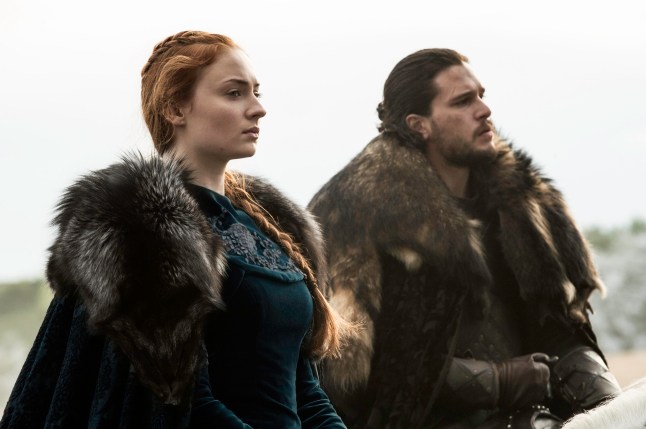 Television Programme: Game of Thrones with Sophie Turner as Sansa Stark and Kit Harington as Jon Snow.