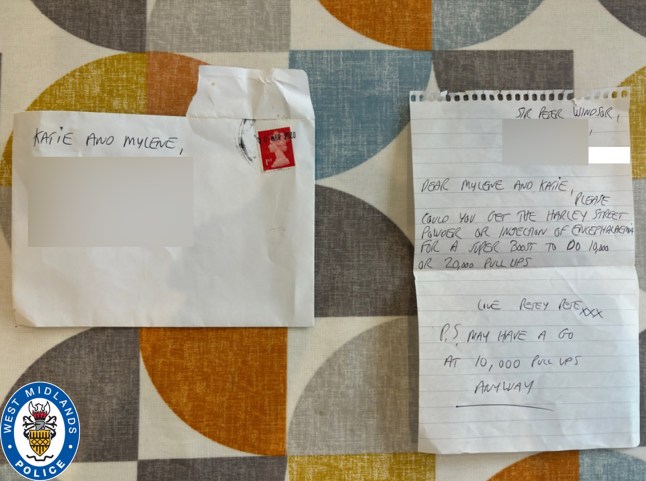 EDITORS NOTE IMAGE BLURRED BY PA PICTURE DESK Handout photo issued by West Midlands Police of a letter which was shown to the jury the trial of Peter Windsor, who is charged with two counts of causing serious alarm or distress by stalking. Windsor is accused of stalking TV and radio presenter Myleene Klass, along with Classic FM radio presenter Katie Breathwick. He has denied stalking the former Hear'Say singer by sending unwanted letters and Catwoman and police officer fancy dress outfits. Issue date: Wednesday October 1, 2025. PA Photo. Photo credit should read: West Midlands Police /PA Wire NOTE TO EDITORS: This handout photo may only be used for editorial reporting purposes for the contemporaneous illustration of events, things or the people in the image or facts mentioned in the caption. Reuse of the picture may require further permission from the copyright holder.