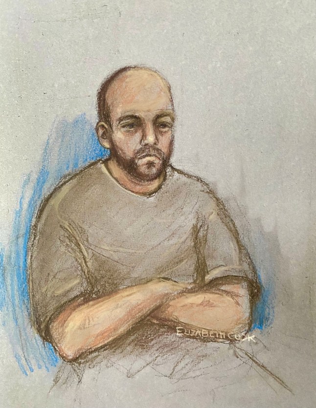 Court artist drawing by Elizabeth Cook of Samuel Dodsworth appearing at Leeds Crown Court via video link from HMP Wakefield, charged with murdering disgraced rock star Ian Watkins. His co-defendant Rashid Gedel, who was referred to as Rico Gedel during the hearing, refused to attend his first Crown Court appearance on video link from the jail. The former Lostprophets frontman died after an alleged attack on Saturday morning at HMP Wakefield. Watkins, 48, was jailed for 29 years in December 2013 with a further six years on licence, after admitting a string of sex offences - including the attempted rape of a fan's baby. Picture date: Tuesday October 14, 2025. PA Photo. Photo credit should read: Elizabeth Cook/PA Wire