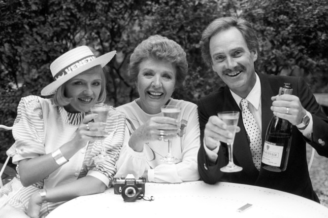 File photo dated 18/8/1983 of actress Noele Gordon, who played the former motel boss "Meg Mortimer" in Crossroads, is reunited with her screen daughter Jill (played by Jane Rossington), left, and her husband Adam Chance (played by Tony Adams), on their Italian honeymoon.