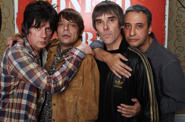 (L-R) John Squire, Mani, Ian Brown and Reni of The Stone Roses pose for a portrait to announce they have reformed for two nights at Heaton Park in Manchester on 29th and 30th June 2012 at The Soho Hotel on October 18, 2011 in London, United Kingdom. LONDON, ENGLAND - OCTOBER 18: (Photo by Dave J Hogan/Getty Images)