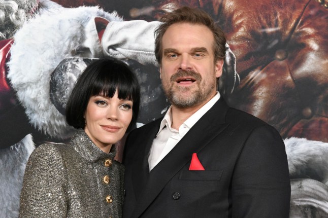 Lily Allen and David Harbour posing together at the premiere of Violent Night.