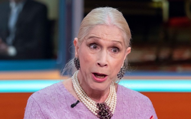 Lady Colin Campbell on Good Morning Britain. She's wearing a purple top and pearl necklaces.