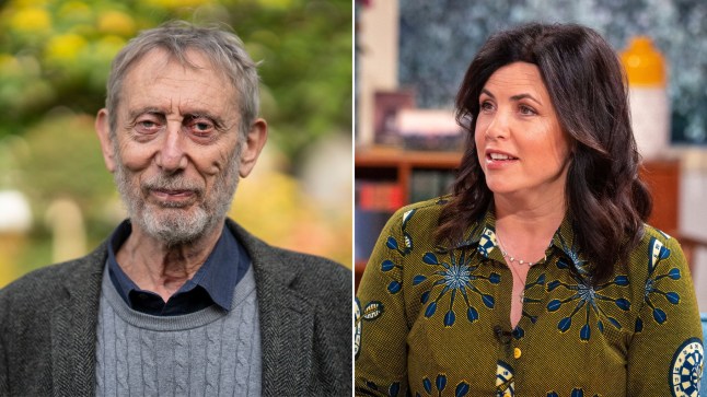 A split image of Michael Rosen wearing a jumper and blazer, with Kirstie Allsopp wearing a green dress in the This Morning studio.