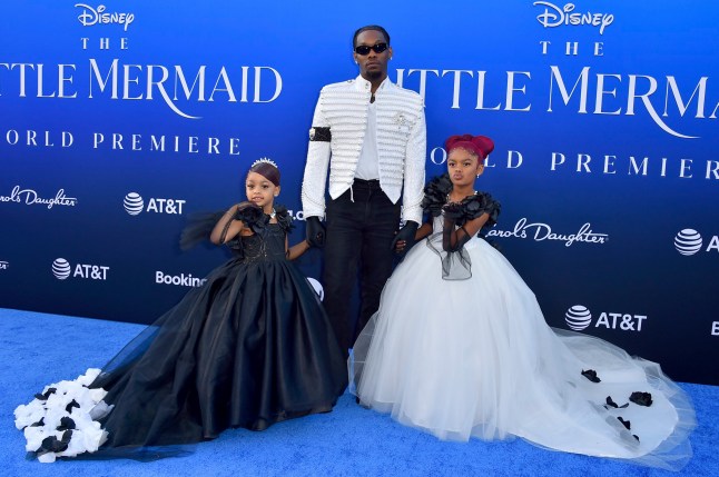 Offset, center, and daughters Kulture Kiari Cephus, left, and Kalea Marie Cephus arrive at the world premiere of "The Little Mermaid" on Monday, May 8, 2023, at the Dolby Theatre in Los Angeles. (Photo by Jordan Strauss/Invision/AP)