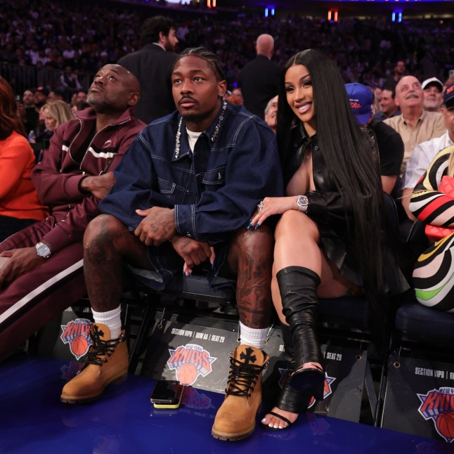NEW YORK, NY - MAY 12: Stefon Diggs and Cardi B attend the game between the Boston Celtics and the New York Knicks during Round 2 Game 4 of the 2025 NBA Playoffs on May 12, 2025 at Madison Square Garden in New York City, New York. NOTE TO USER: User expressly acknowledges and agrees that, by downloading and or using this photograph, User is consenting to the terms and conditions of the Getty Images License Agreement. Mandatory Copyright Notice: Copyright 2025 NBAE (Photo by Nathaniel S. Butler/NBAE via Getty Images)