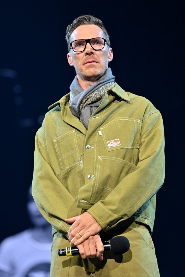LONDON, ENGLAND - SEPTEMBER 17: Benedict Cumberbatch speaks onstage during the Together For Palestine concert at Wembley Arena on September 17, 2025 in London, England. (Photo by Samir Hussein/WireImage for ABA)