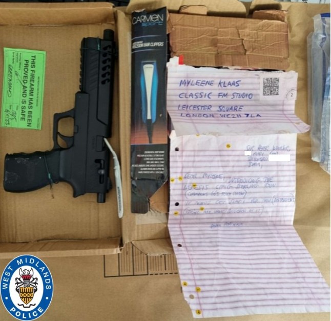 Undated handout photo issued by West Midlands Police of a firearm alongside clippers and a letter from Peter addressed to Myleene. Peter Windsor, 61, has been found guilty of stalking TV and radio presenter Myleene Klass by posting an air pistol, handcuffs, a police uniform and a series of "disturbing" unwanted letters to her. Issue date: Tuesday October 7, 2025. PA Photo. Jurors also convicted Peter Windsor of stalking Klass's Classic FM colleague Katie Breathwick by sending her details of a DIY will-writing kit and other "raving" and "unhinged" mail. Photo credit should read: West Midlands Police/PA Wire NOTE TO EDITORS: This handout photo may only be used in for editorial reporting purposes for the contemporaneous illustration of events, things or the people in the image or facts mentioned in the caption. Reuse of the picture may require further permission from the copyright holder.