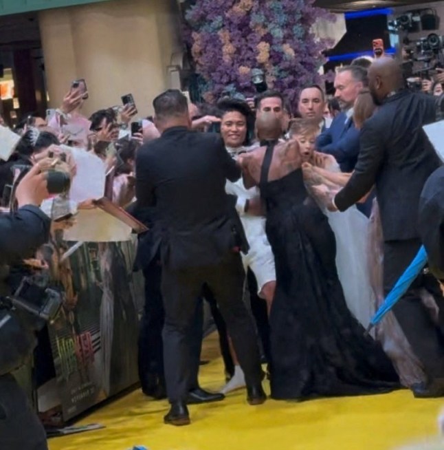 15289931 Members of security and cast member Cynthia Erivo step in to separate a fan who jumped a barrier and ran towards Ariana Grande as she walked the carpet alongside other cast members during the 'Wicked: For Good' movie premiere in Singapore, November 13, 2025 in this screen grab obtained from social media video. @tacotrvck_vb via X/via REUTERS THIS IMAGE HAS BEEN SUPPLIED BY A THIRD PARTY. MANDATORY CREDIT. NO RESALES. NO ARCHIVES. VERIFICATION LINES: - Location verified by exterior structure, design, signage, and event information - Date verified by original file metadata