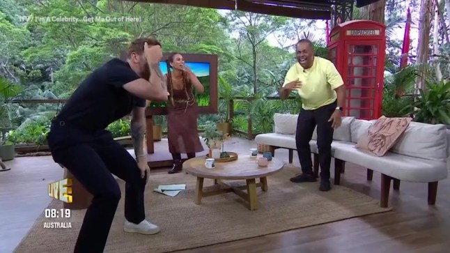 Joel Dommett. Kemi Rodgers and Andi Peters in the I'm A Celeb unpacked studio