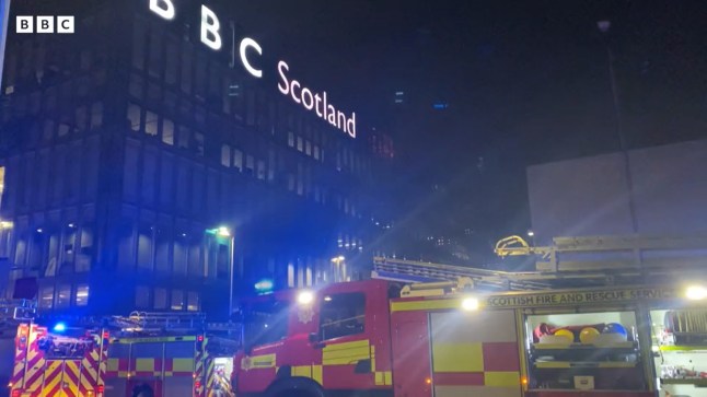 Fire engines outside BBC Scotland headquarters in Glasgow early this morning after a fire broke out